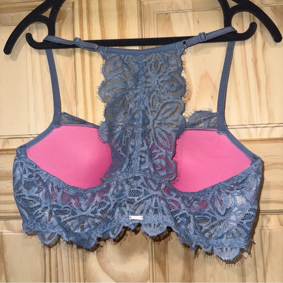 Victoria Secret PINK Date Racerback Push up Front Close Bra Lace 36B Blue - Picture 2 of 6